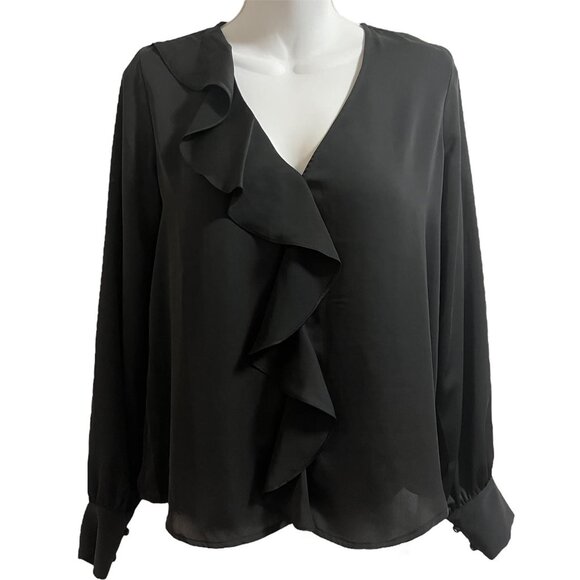 NWT Revolve L'Academie Ruffle Blouse V Neck Long Sleeve Top Size Small Black - Picture 4 of 15